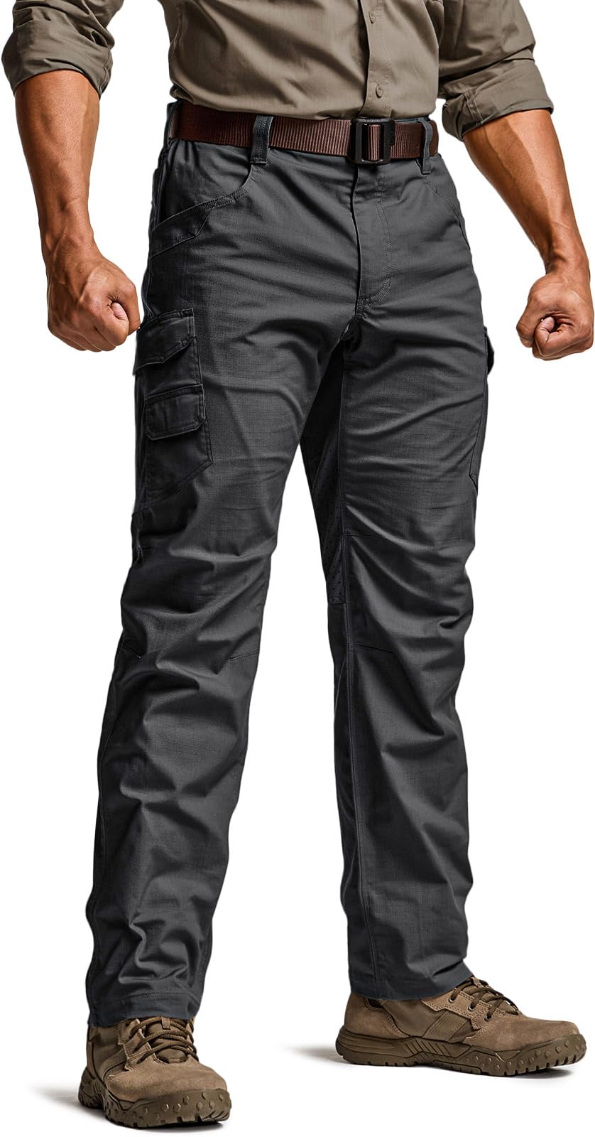 CQR Men's Utility Flex Cargo Pants, Classic-Fit Casual Stretch Work Pants, Water Resistant Lightweight Tactical Hiking Pants, Tac Black, 42W x 30L Image