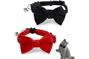 Sliverdew 2 Pcs Velvet Cat Collar with Bell and Bowtie, Adjustable Breakaway Cat Collars Kitten Small Puppy Safety Bow Tie Solid Wedding Basic Color Cat Bow Tie Collar
