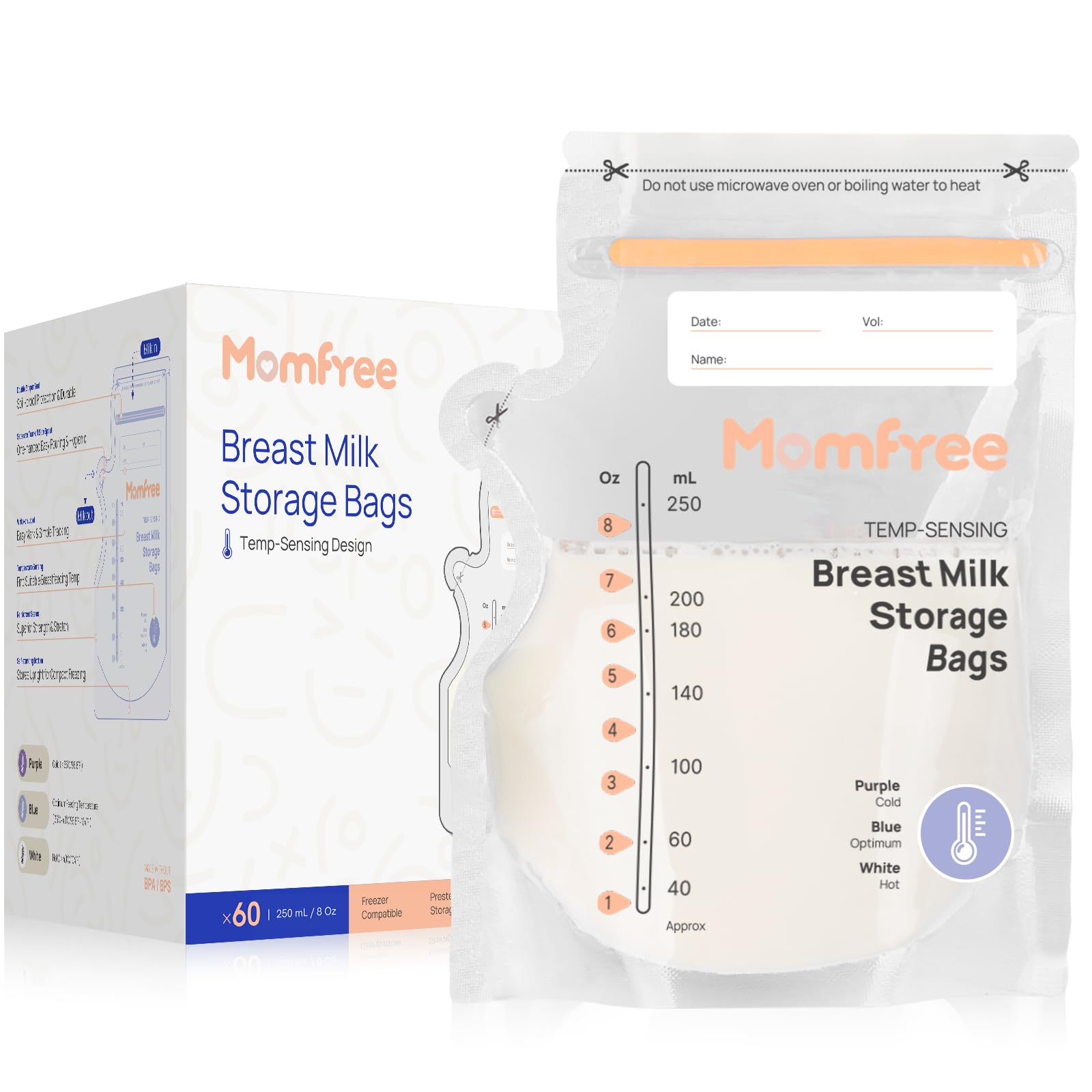 Photo 1 of Sterile Breastmilk Storage Bag with Pour Spout 8 Ounce, Temp-Sensing Color Change, Fast Freeze & Thaw Breast Milk Bags for Baby Bottle Feeding, No-Leak Milk Freezer Storage Pouches 60pcs