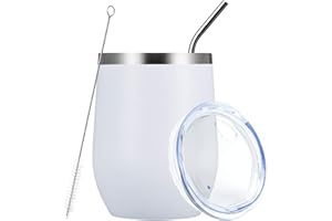 MEWAY Stemless 12 OZ Wine Tumbler Glasses with Lid -Insulated Double Wall Vacuum Stainless Steel Travel Tumbler with Straw,Gift for Woman Under 10 dollars (White,1)