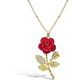 Peraca Cris Red Rose Necklace for Women 3D Gold Rose Flower Pendant Dainty Gold Statement Jewelry Valentines Day Gifts