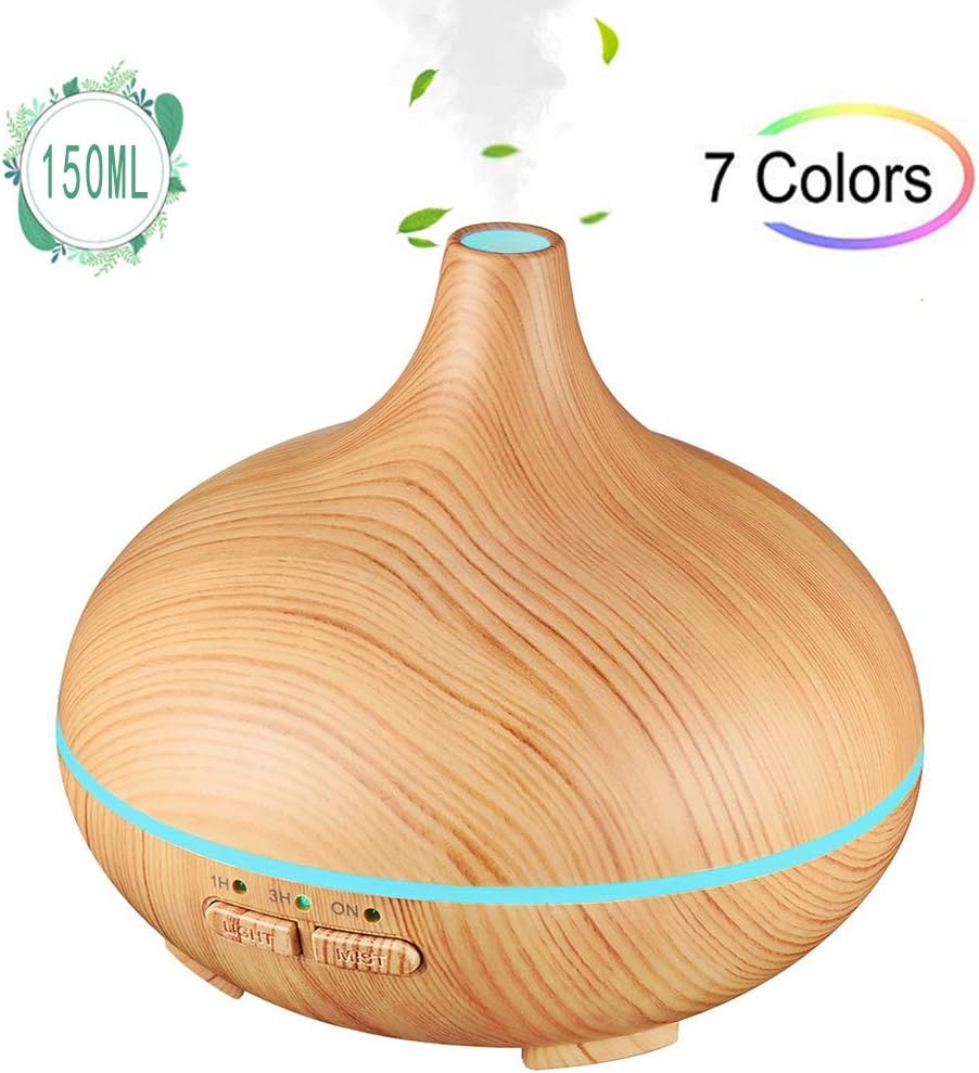 RARVIS150Ml Essential Oil Diffuser with Waterless Auto Off, Adjustable Mode & 7 Colorful LED Light Ultrasonic Aroma Diffusers Cool Mist Humidifiers for Baby Room, Study, Bedroom, Yoga, Spa, Office