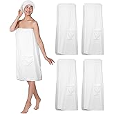 Kinlop 4 Set M Towel Wrap for Women Waffle Spa Robe with Adjustable Closure Elastic Top and Cap for Bath Shower(White)
