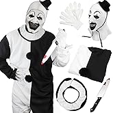 QIHUACOSPVC Halloween Clown Costume Black and White Clown Jumpsuit Outfit With Mask Accessories Set