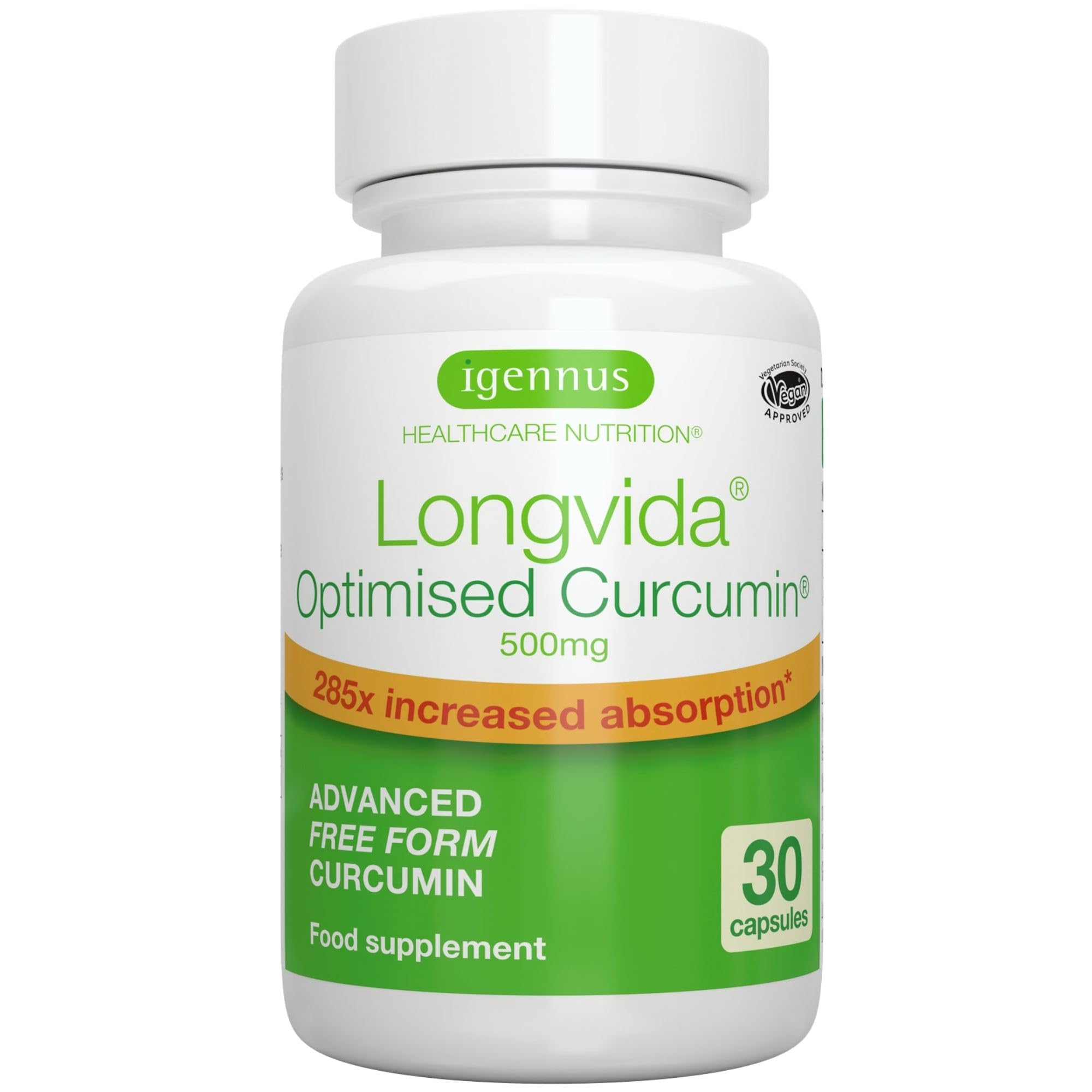 Igennus Longvida Optimised Curcumin 500mg, High Dose & 285x Increased Bioavailability, Rapid Absorption with Sustained Action, Vegan, 30 Capsules