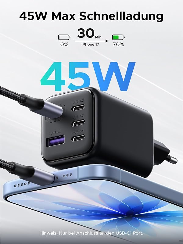 Zapix USB C Ladegerät 45W, 5-Port GaN Netzteil, PPS Schnellladegerät