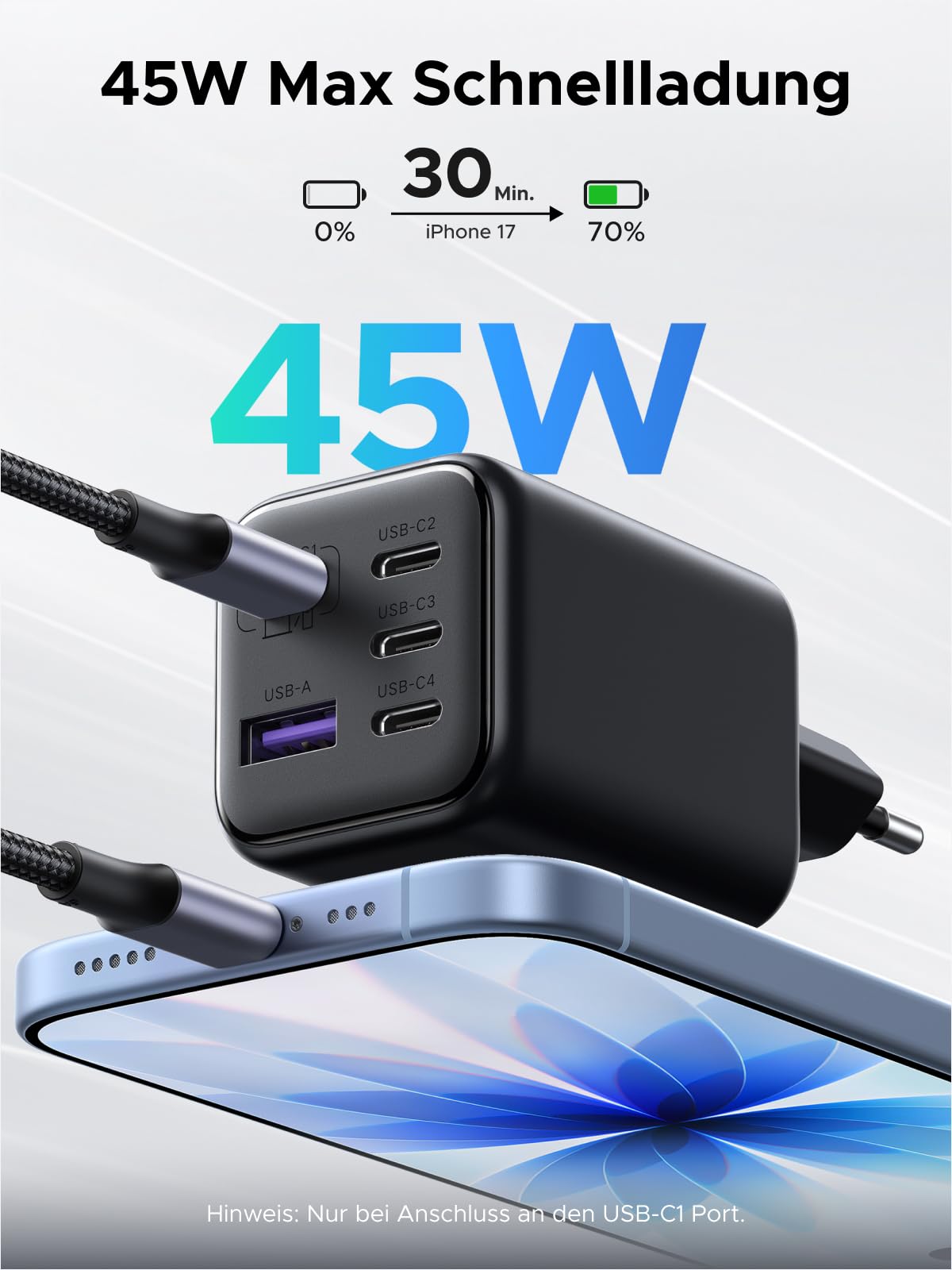 UGREEN 45W USB C Ladegerät 5-Port GaN Schnellladegerät PPS Netzteil PD Charger Adapter kompatibel mit Galaxy S25 Ultra, S24, iPhone 17 Pro Max, MacBook Air, iPad, Tab A8, Pixel 9 2