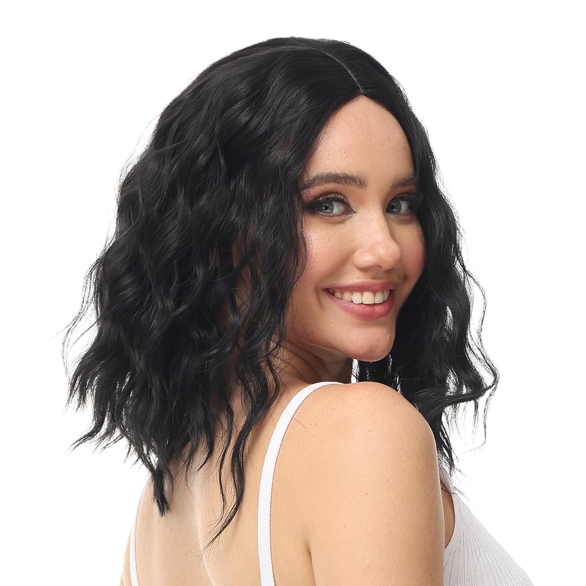 Yamel Wavy Bob Wig Natural Black Synthetic Hair Shoulder Length 14 Inch Short Curly Middle Part Lace Front Wigs for Women — image 1