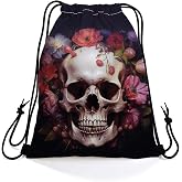 Zhepsidion Gothic Floral Skull Dual-Sided Print Drawstring Bag -2 | Reusable Drawstring Backpack, Adjustbale Cord & Inner Zipper Pocket, Gothic Floral Skull Present for Women Friends