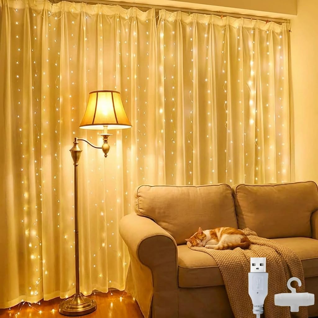 Afaiup Fairy Lights 2x2m, 200 LED Curtain Lights Indoor, USB Hanging Light for Christmas, Wedding, Party, Wall, Home Decorations - Warm White โ image 1