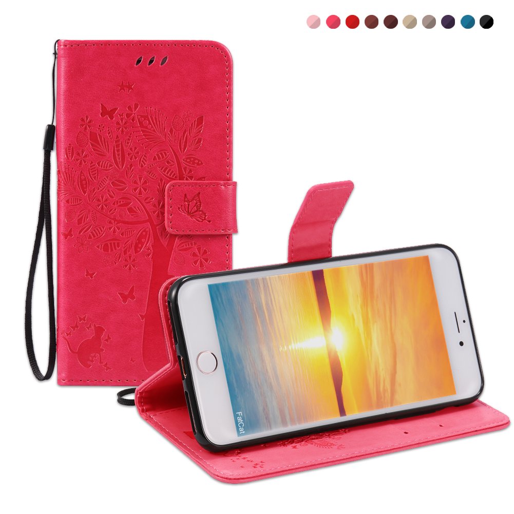 Fatcatparadise iPhone 8 Plus/iPhone 7 Plus Case[With Tempered Glass Screen Protector], Retro Flip Case,Elegant Vintage Pressed Pattern PU Leather Case For Apple iPhone 8 Plus/iPhone 7 Plus(Rose)