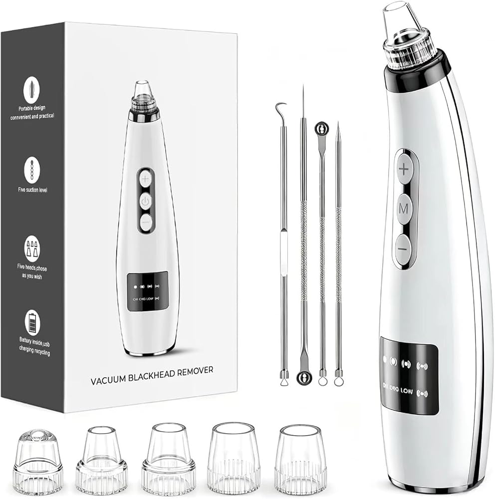 Blackhead Remover Vacuum, Facial Pore Extractor, 5 Suction Levels, 5 Probes | USB Rechargeable Pore Cleaner, Electric Comedon