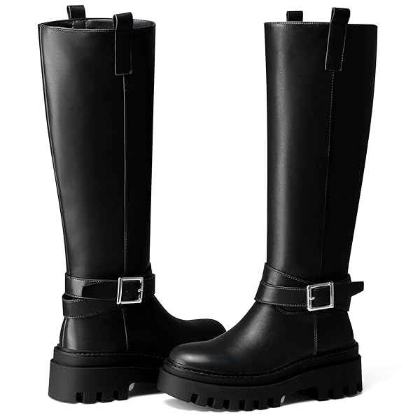 CELLENZ WOMEN KNEE HIGH BOOTS: FASHION PLATFORM BOOT – BLACK LEATHER BOOTS FOR WOMEN – WIDE CALF TALL CHUNKY FALL BOOT SIZE 6.5
