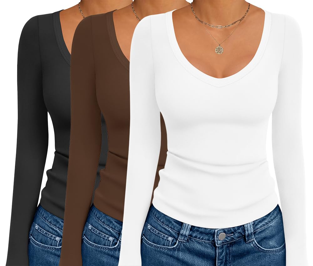 Photo 1 of *ONLY WHITE* Ekouaer 3 Pack Long Sleeve Shirts for Women Deep V Neck Basic Thermal Tops Base Layer Undershirts Black/White/Coffee M