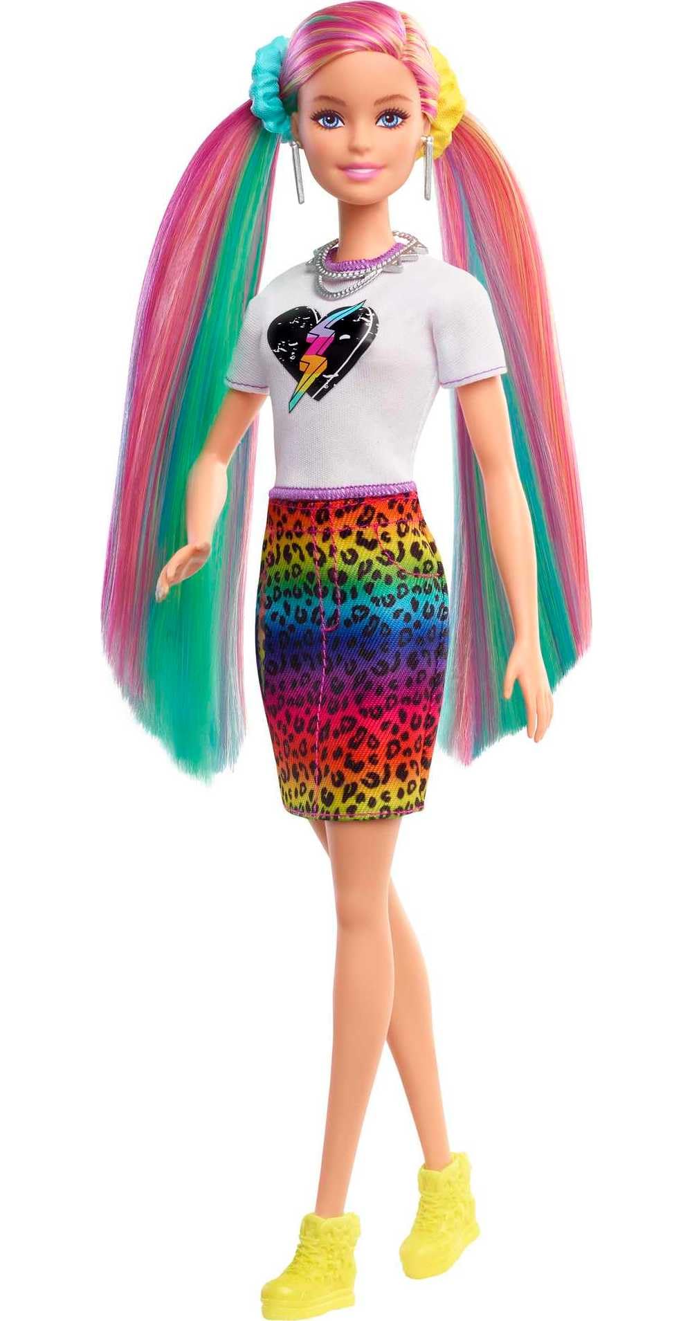 Barbie Doll Leopard Rainbow Hair with Color-Change Highlights & 16 Styling Accessories Including Clothes, Scrunchies, Brush & More