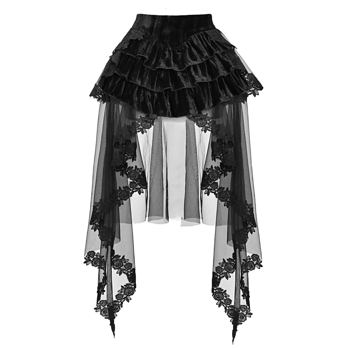 Women's Victorian Gothic Lace High-Low Skirts Lolita Layered High-Waisted A-Line Tulle Bustle Skirt for Halloween Party Black