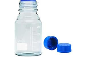 QOAEZK 250ml Reagent Media Bottle, Graduated Glass Round Media Storage Bottle with blue GL45 Screw Cap, Wide Mouth Lab Reagent Bottle, Clear,Pack of 1