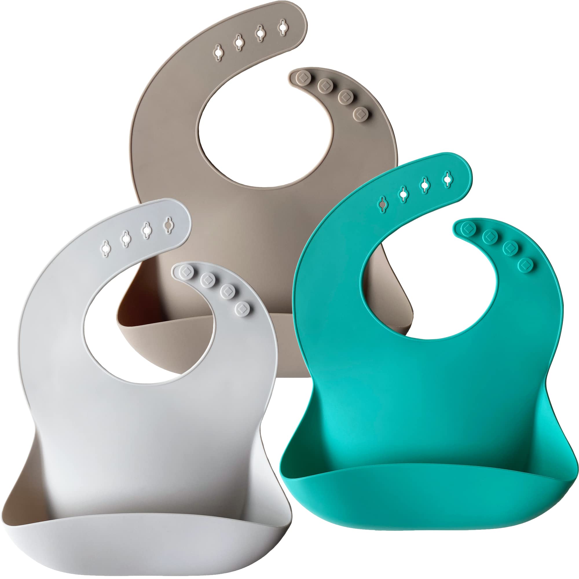 Moonkie Baby Bibs, 3Pcs Silicone Feeding Bibs for Babies and Toddlers, Waterproof weaning bib, BPA Free Soft Adjustable Wide Food Crumb Catcher Pocket(Kallaite/Lunar Grey/Offwhite)…