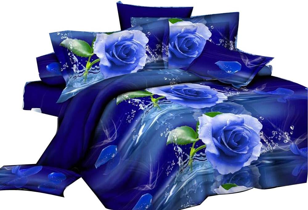 3D Bedding Duvet Cover Set Blue Rose Printed Bedclothes 4-Piece Queen Size