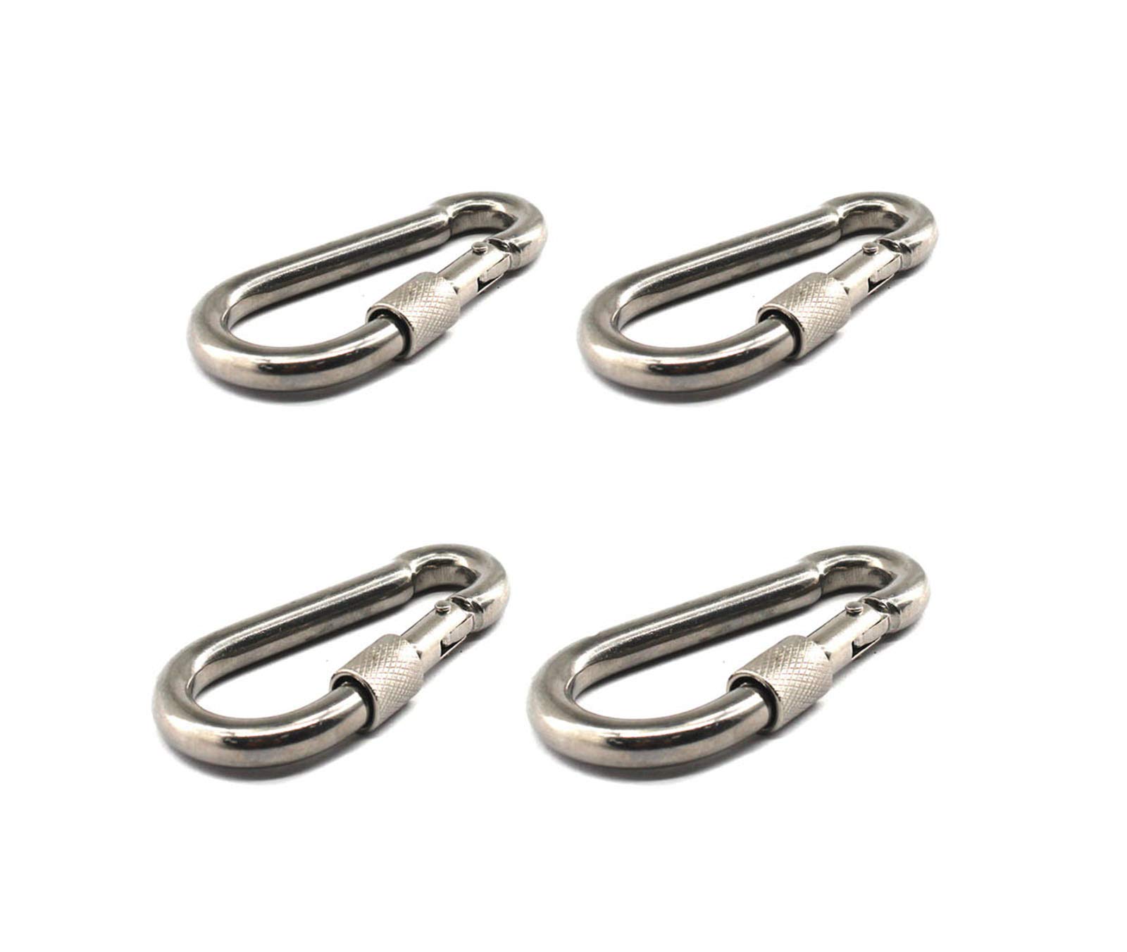 304 stainless steel M10 locking carabiner with female spring buckle suitable for keychain, camping, hiking, fishing, backpacking pack of 4 pcs