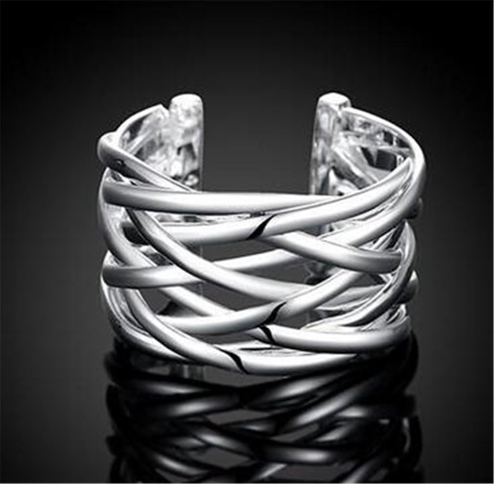 Boowhol Ladies Fashion Jewelry 925 Sterling Silver Geometry Adjustable Carved Knitting Open Rings For Women - Image 5