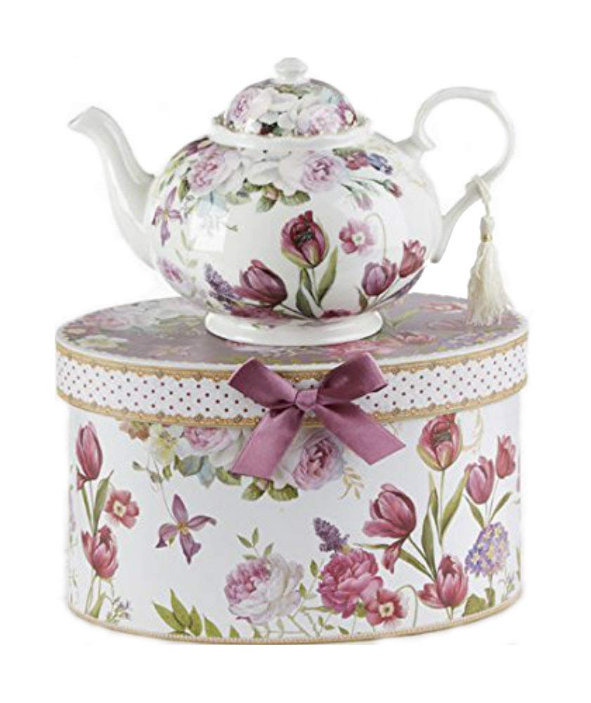 9.5 x 5.6" Porcelain Tea Pot with Gift Box | Elegant Tulip Design for Loose Leaf Tea