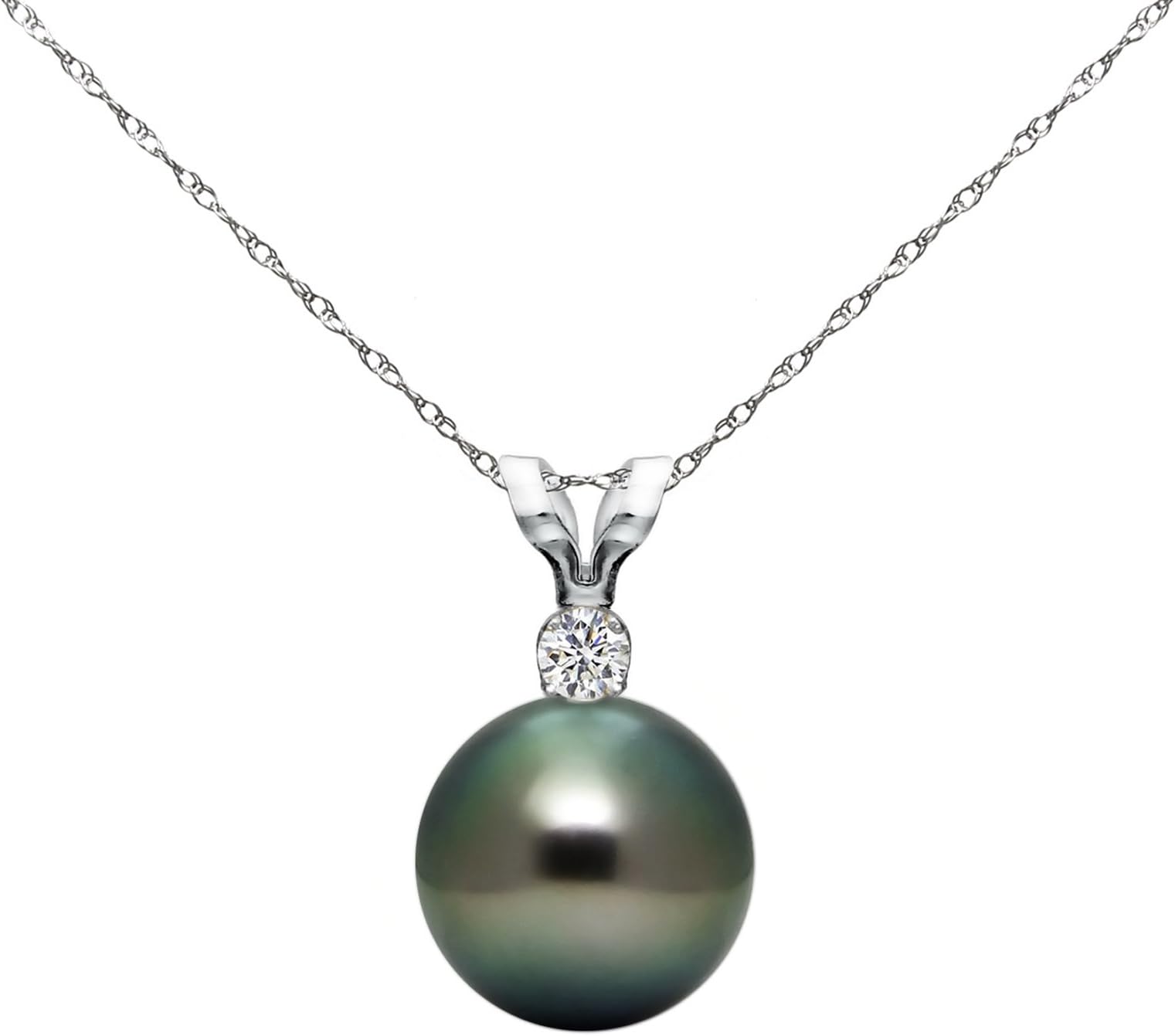 14K White Gold Diamond Necklace Chain South Sea Tahitian Cultured Pearl Pendant Jewelry AAA+ (G-H, SI1-SI2) - Choice of Pearl Sizes