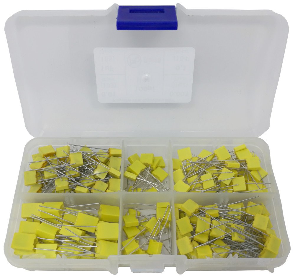 View 1 of 0.1uf, 0.01uf, 0.001uf, 100pf, 1uF, Yellow Box MKT Polyester Film Capacitor Assortment