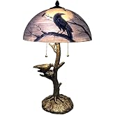 Bieye L10945 Dark Blue Raven Full Moon Hand-Painted Glass Table Lamp | Full-moon night scene; sculpted tree-trunk base with raven and nest; 14