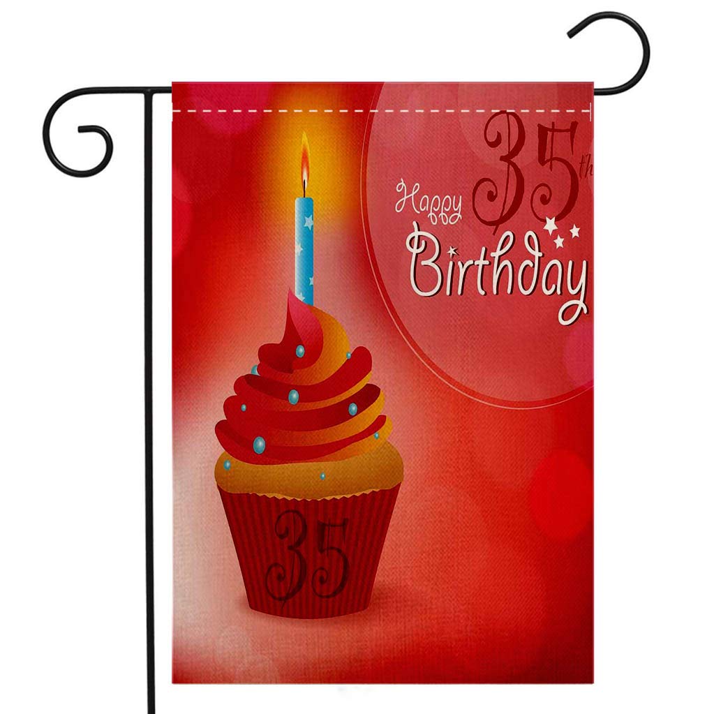 Amazon Com Custom Double Sided Seasonal Garden Flag 35th Birthday Decorations Cute Burning Candles On A Yummy Looking Cupcake Stars Dots Red Orange Blue Welcome House Flag For Patio Lawn Outdoor Home