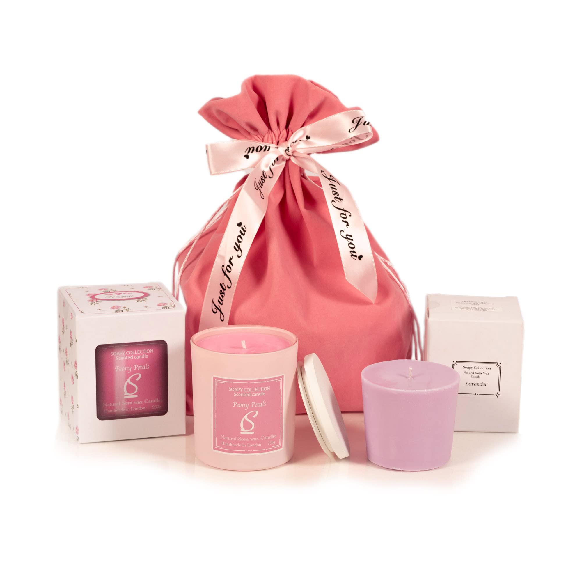 Soapy Collection Scented Candles Gifts for Women, 230g Peony Candle & Candle Refill Lavender, Hand Wrapped Set in a Pink Velvet Bag Long Burning