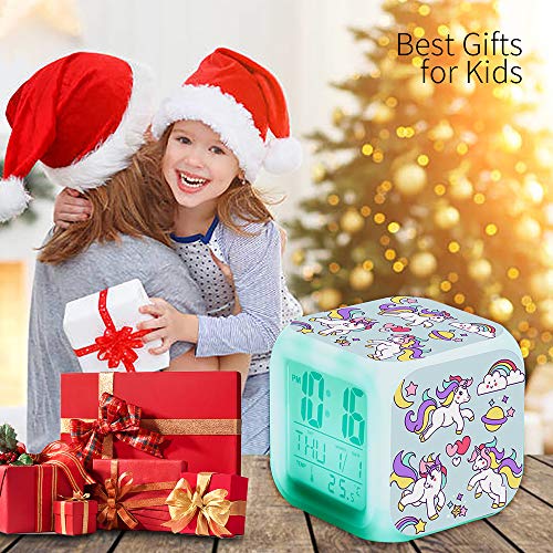 TCJJ Einhorn Wecker für Mädchen,Wecker Digital mit LED Nachtlicht Beleuchteter Anzeige Zeit Datum Temperatur Anzeige Einhorn Muster (Grün)