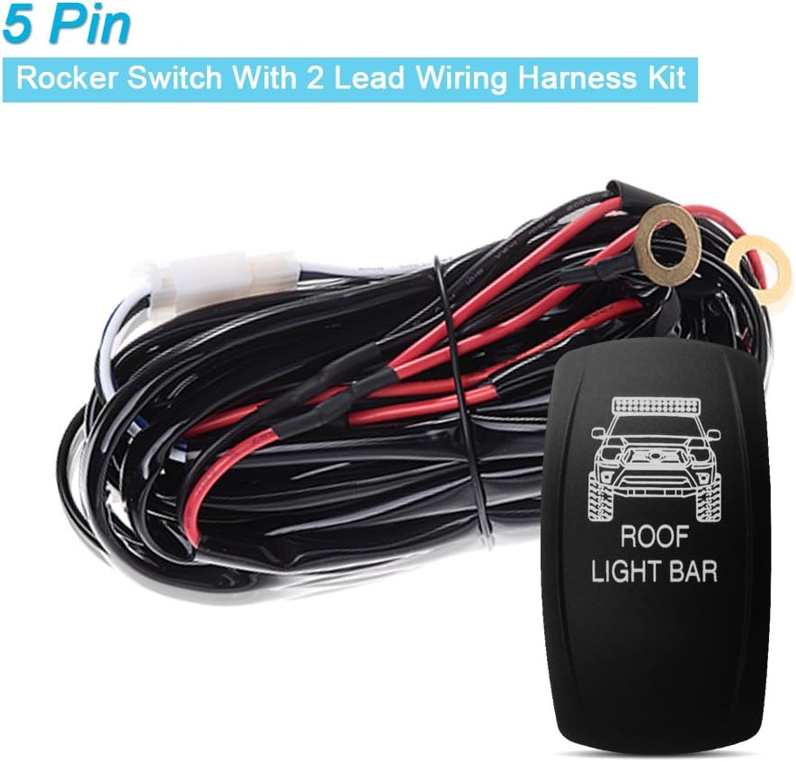 14 Gauge 30A 12V-24V Fuse Relay 2 Lead Up to 312W Heavy Duty Wiring Harness And 5 Pin Blue Backlight Rocker Switch Kit For LED Roof Work Light Bar Fog Lamps Offroad Truck Boat 4X4 Pick Up Van Suv Atv