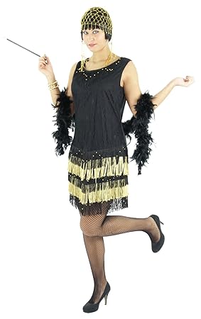 Schwarz goldenes 20er Jahre Kleid mit Fransen für Damen Elegantes Charleston Kostüm zu Fasching und Karneval Größe XXL