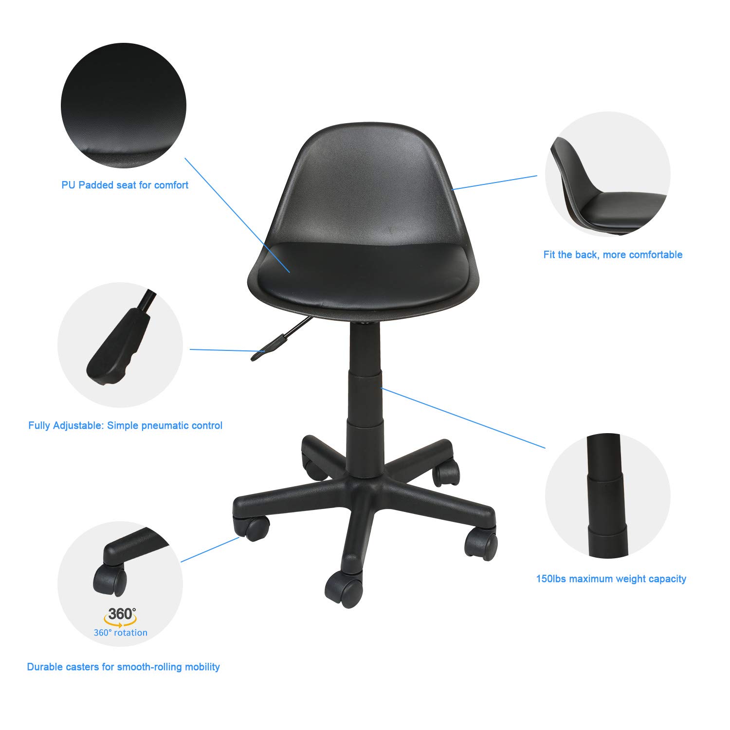 Eclife Office Chair Black LowBack Ergonomic Support PVC Leather