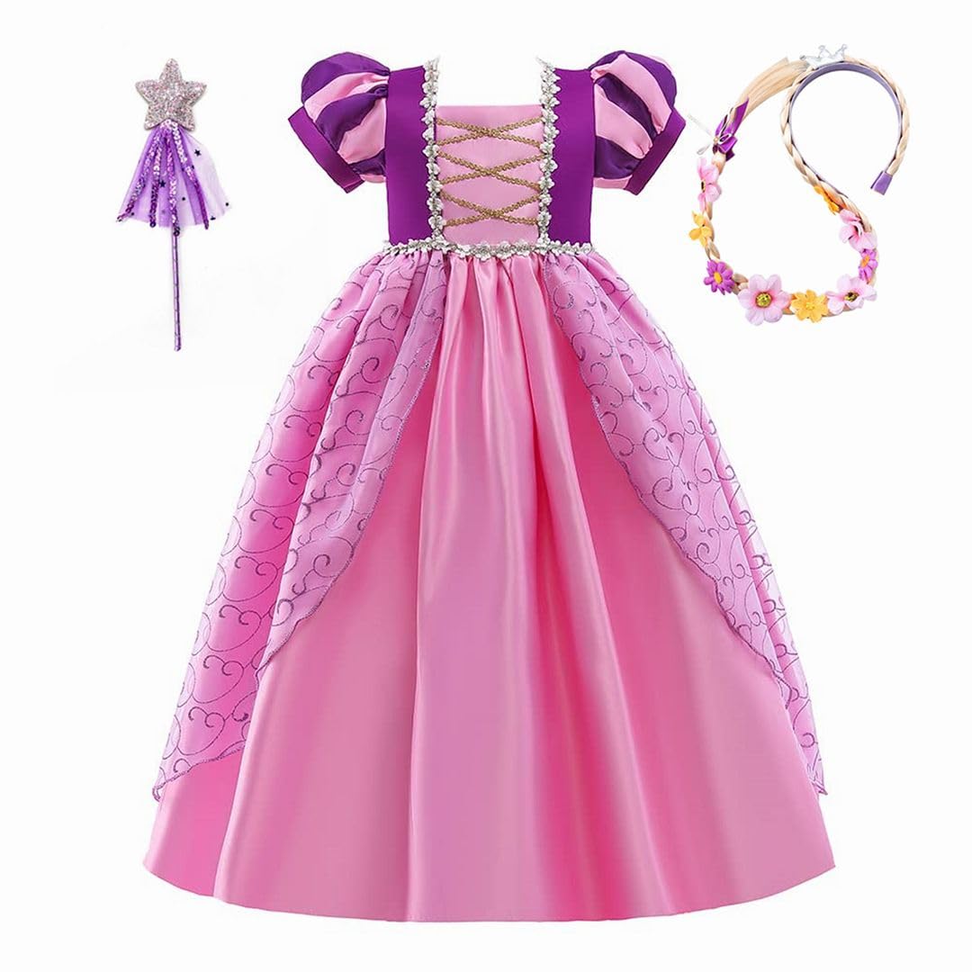 COLOR PRINCE Princess Costumes for Girls, Purple Princess Dress up for Girls Aged 4 to 5, Long Hair Fancy Dress for Kids & Toddlers Birthday Halloween Cosplay