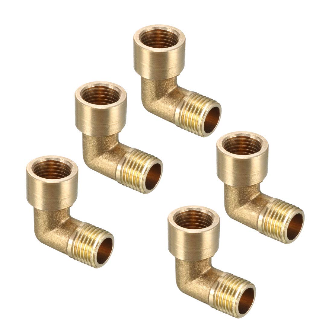 sourcing map Brass Elbow Pipe Fitting 90 Degree 1/4 BSP Male X 1/4 PT Female Coupler 5pcs