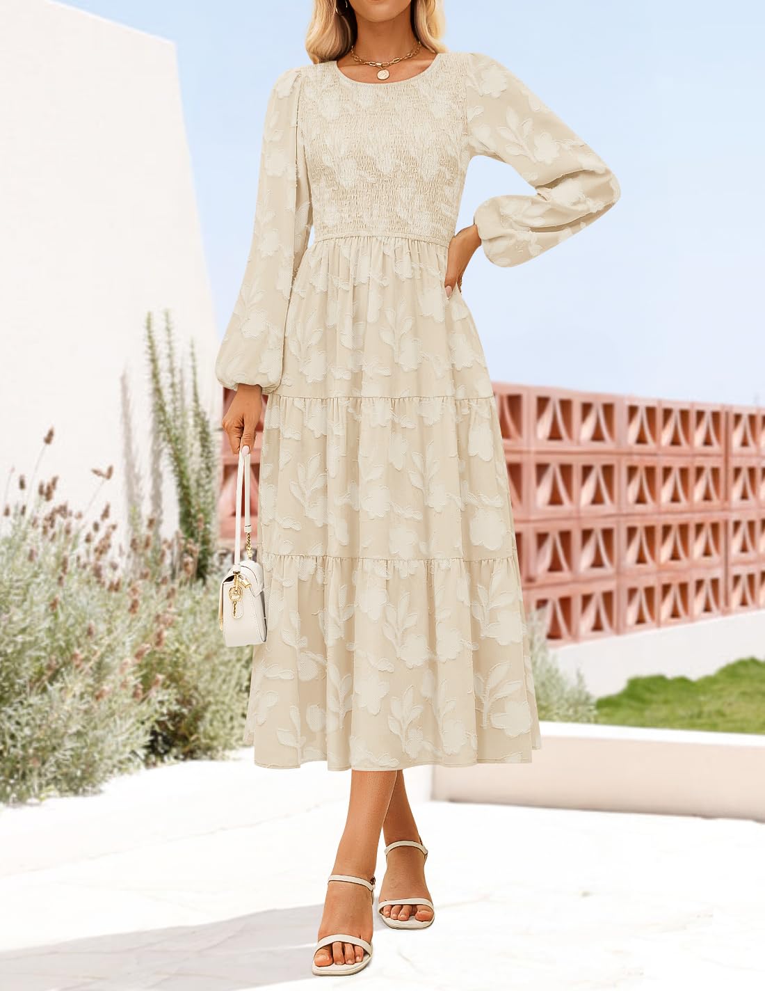 ZESICA Women's Fall Boho Floral Midi Dress 2025 Casual Long Sleeve Crewneck Flowy Wedding Guest Long Dresses