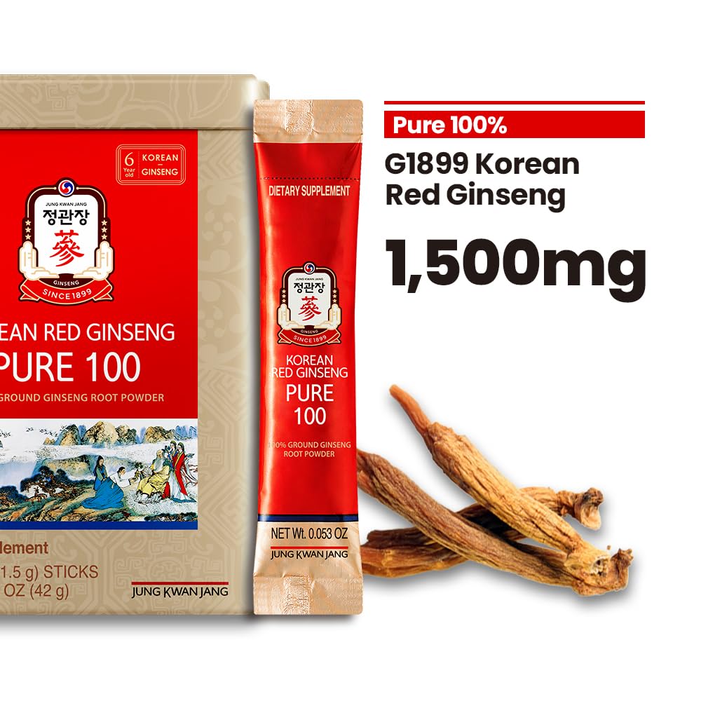 JungKwanJang Korean Red Ginseng Pure 100 - Panax Ginseng Powder Stick Supplements - Energy Boost & Immune Support - Vegan, Caffeine Free, Gluten Free & Non-GMO (Net Wt. 1.48 oz, 30 Sticks)