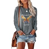 Heloto Womens Whisper Words of Wisdom Let-It Be Tshirt Butterfly Graphic with Funny Sayings Crew Neck Long Sleeve T-Shirt