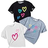 Girls Short-Sleeve Graphic T-Shirts Crewneck Kids Tee Tops, Girl Summer Casual Clothes Outfit 3 Packs