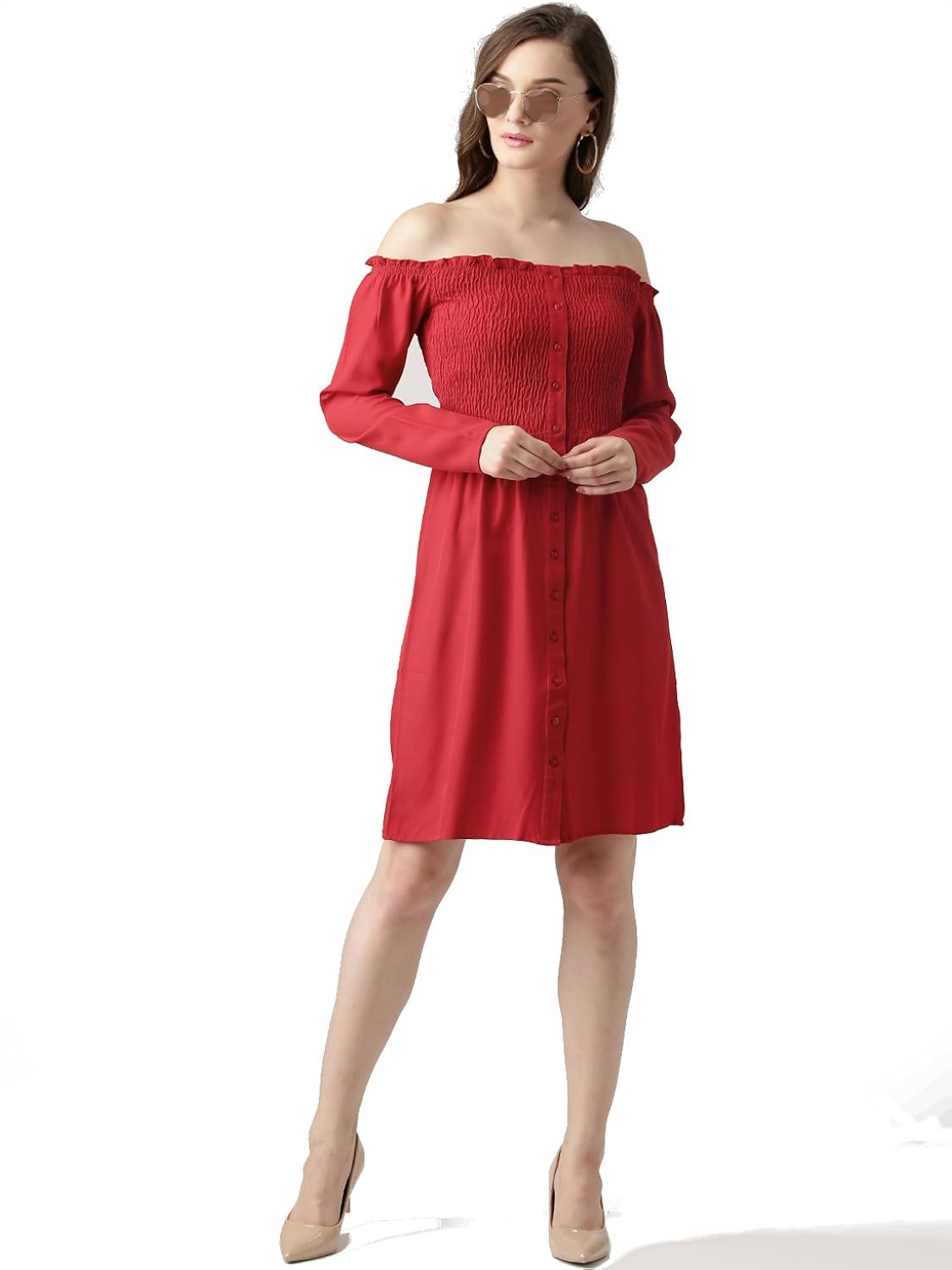 marie claire women red solid bardot dress (mc697)