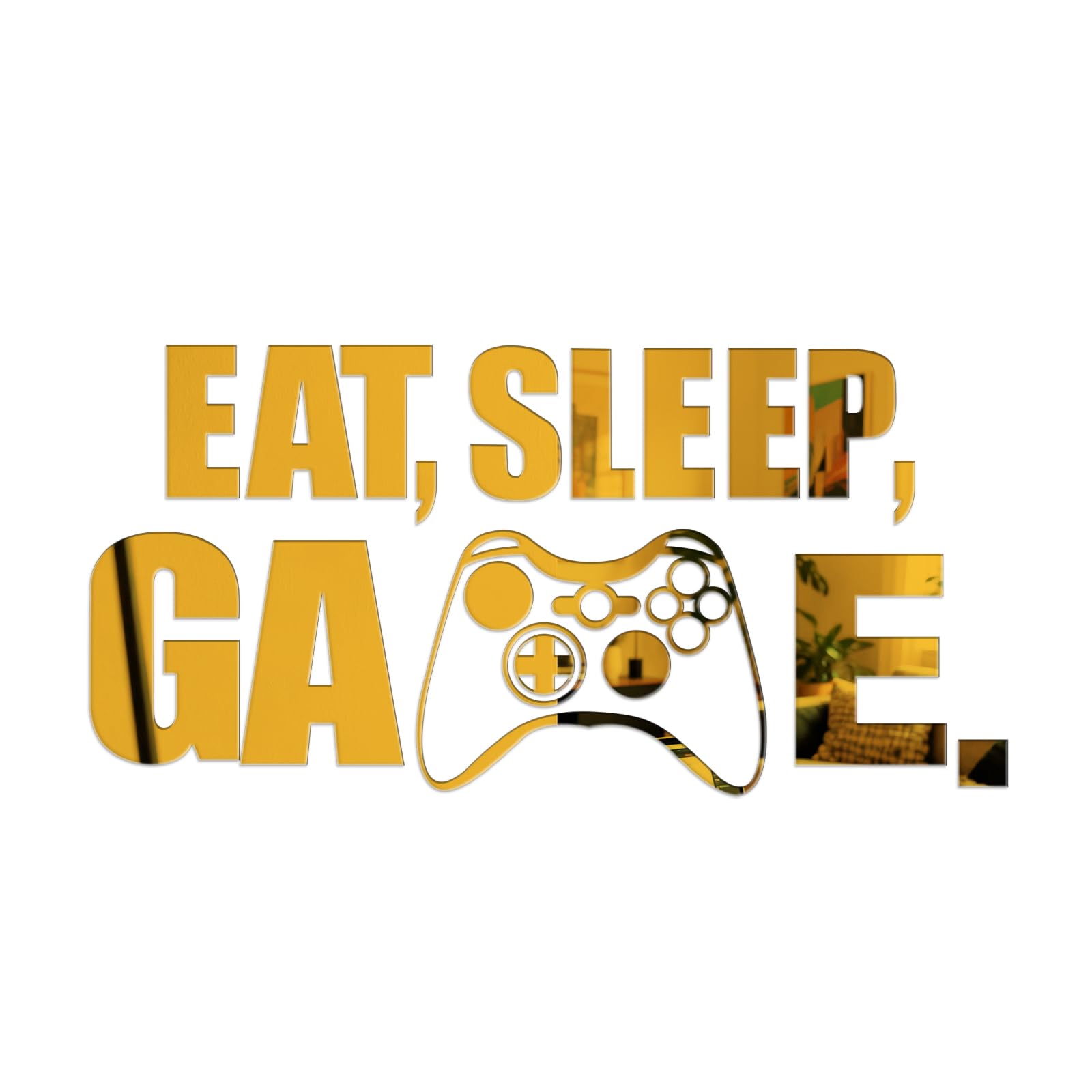 Eat Sleep Game Mirror Wall Decal, Acrylic Gaming Wall Sticker, Gamer Room Decor, Wall Art Quote Sign for Boys Girls Men Bedroom Playroom Studio Video Room (Gold)