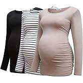 Bearsland Womens Maternity Long Sleeve Tshirt 3 Packs Classic Side Ruched Tee Top Mama Pregnancy Clothes