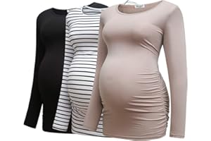 Bearsland Womens Maternity Long Sleeve Tshirt 3 Packs Classic Side Ruched Tee Top Mama Pregnancy Clothes