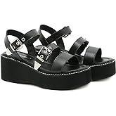 LVOMU Women's Leather Strappy Wedge Platform Goth Sandals With Adjust Ankle Buckle Fashion Comfortable Round Open Toe Chunky Heel Anti-slip Slingback Everyday Y2K Punk Sandals