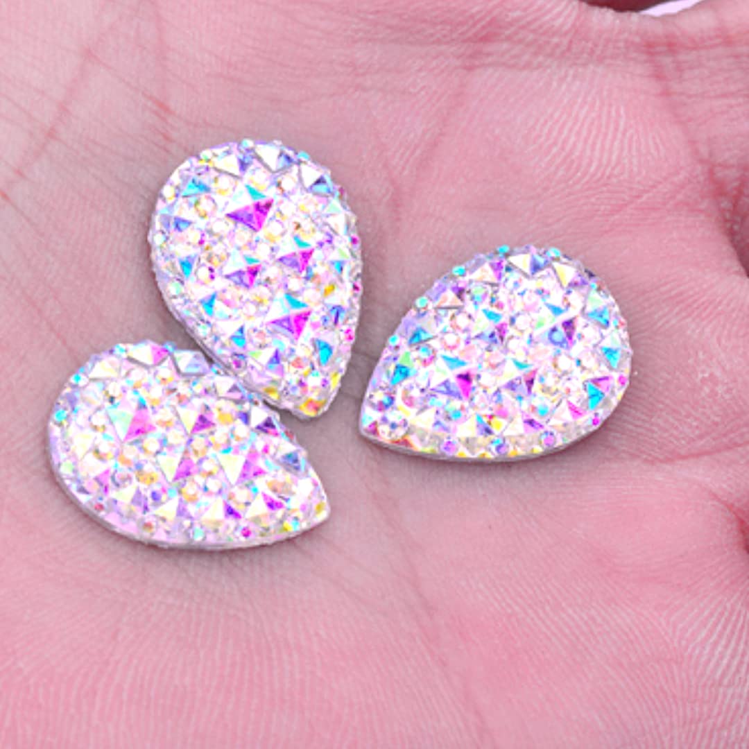 50 Mixed Colour AB Buttons Flat Back Rhinestone Teardrop Large AB Bead Diamante Gem Crystal Teardrop Pear Druzy Big Iridescent (25mm Big)