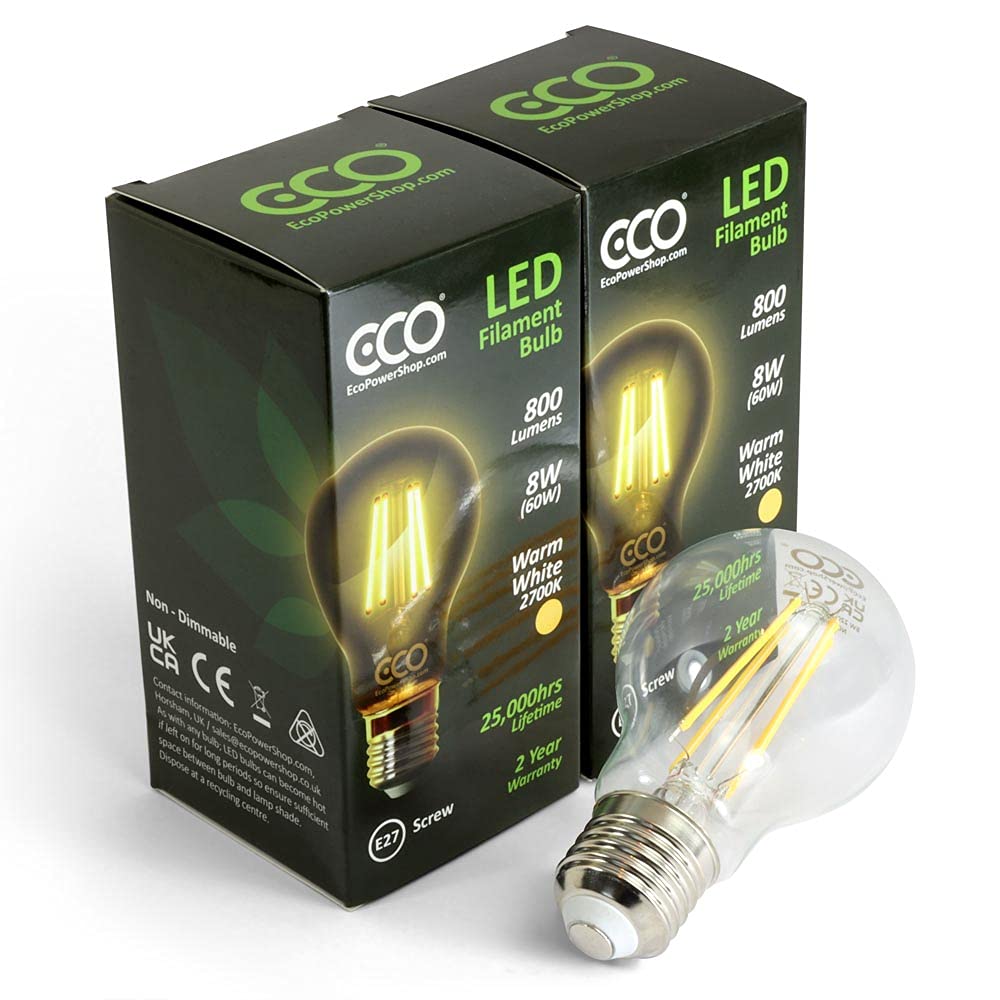 ECO 60W Energy Saving Light Bulb, Low Energy 8W LED Filaments, Bright 800 Lumen, Clear Glass, Warm White (2700K), E27 Standard UK Edison Screw (ES), 25000Hrs Lifetime.