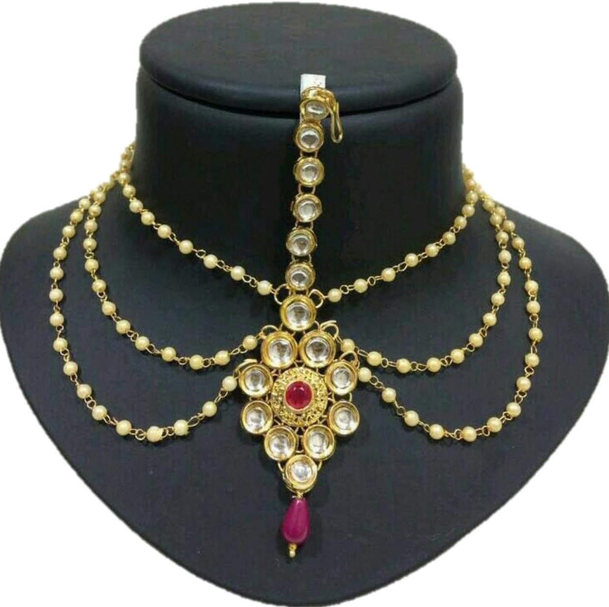 Hair Jewellery Pearl Chain & Kundan Traditional Gold Plated Mangtikka/Tikka for Women