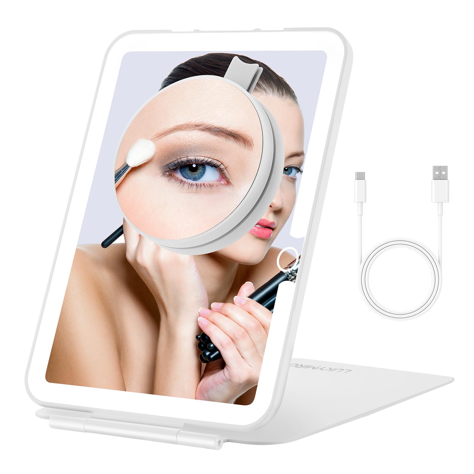 Rechargeable Travel Makeup Mirror with Lights, Portable Lighted Regular Mirror with Small 10X Magnification, 70 LEDs 3 Color Dimmable, Tabletop Folding Compact Cosmetic Mirror